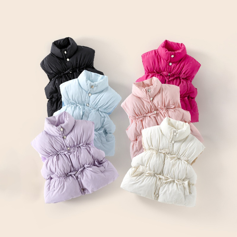 Windsor Knot Tie - 秋冬新作 女の子用 厚手スタンドカラーコットンベスト 子供用 防風 蝶ネクタイ付き