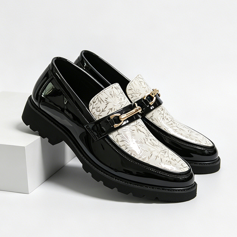 Men Formal Wear Shoes - メンズツートーンバンブープリントパテントレザーローファー、メタルホースビット、スリッポン、フォーマルドレスシューズ、結婚式、クラブ、ビジネス、デイリーシューズ