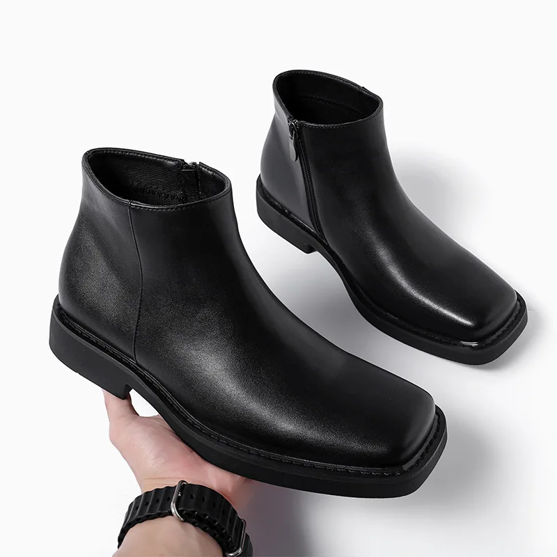 Men Formal Wear Shoes - 黒の新ファッション男性カジュアル革靴秋冬ドレスアンクルブーツヴィンテージ英国ビジネススクエアトゥチェルシーブーツ