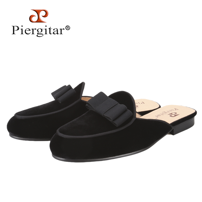 Men'S Formal Style - Piergitar 2026 夏新モデルブラックベルベットメンズミュール手作りのリボンデザインパーティークラシックスタイルフォーマルドレスウェアスリッパ