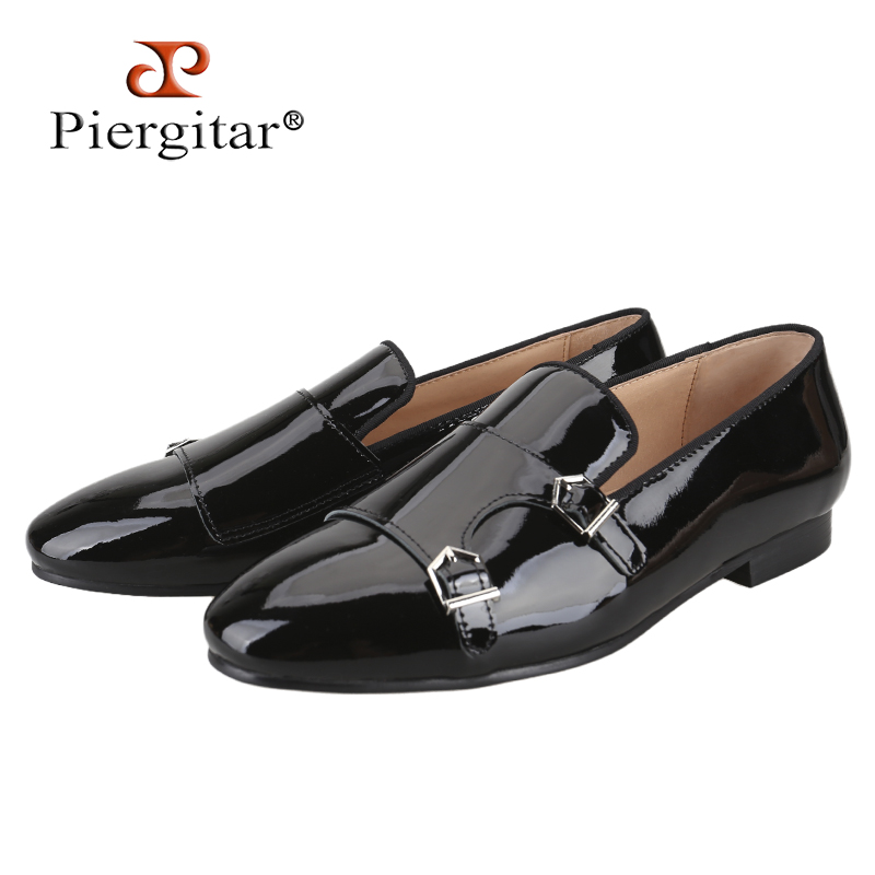 Men'S Formal Party Wear Shoes - Piergitar 新ブラックカラーパテントレザーメンズダブルモンクシューズファッションパーティー/ショーフォーマルウェアスリッポンローファープラスサイズ