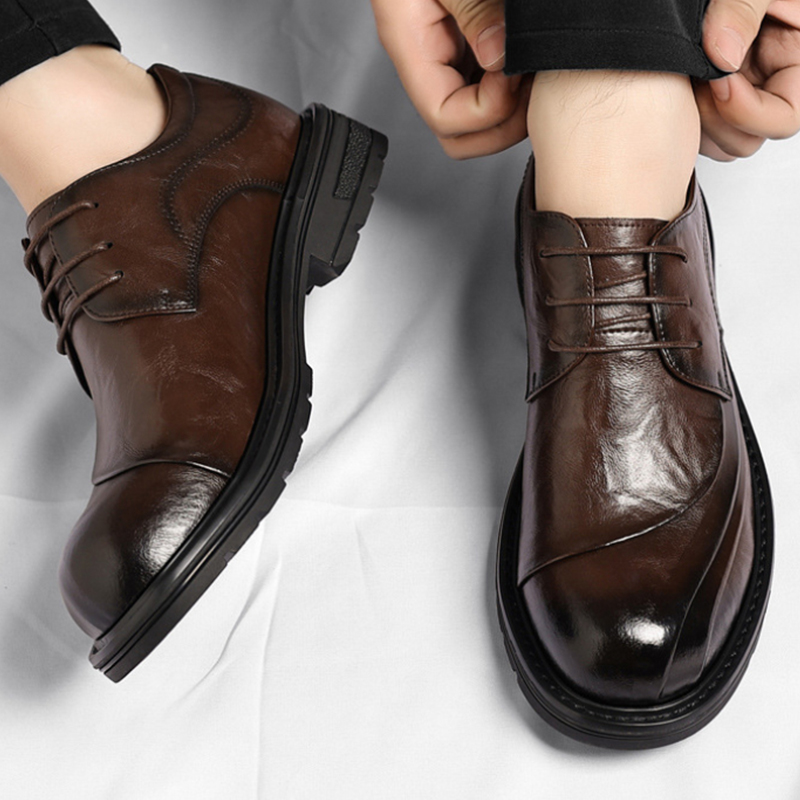 Men'S Formal Party Wear Shoes - ブラウンの艶出し本革レースアップチャンキーソールフォーマルビジネスオフィス新郎結婚式日常着靴ファッション快適