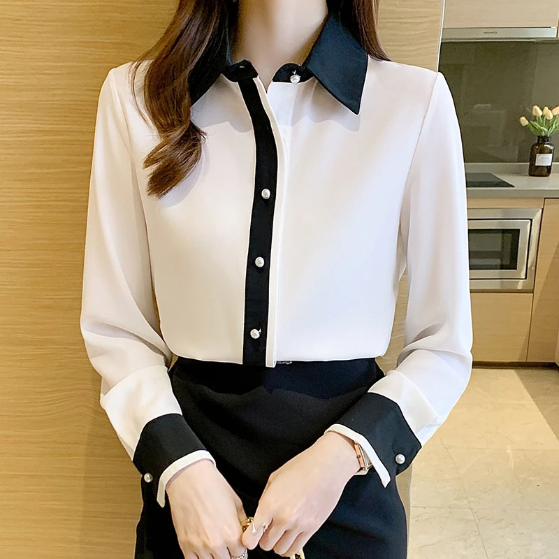 Men'S Formal Style - 女性用ホワイトシフォンシャツ韓国シックなシングルブレストコントラストラペルオフィスレディシャツカジュアルオールマッチ職業ブラウス