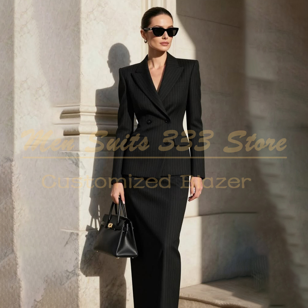 Men Formal Wear All Black - デザイナーブラックストライプレディーススーツ フォーマル ダブルブレスト ピークドラペル スリムフィット 2ピース