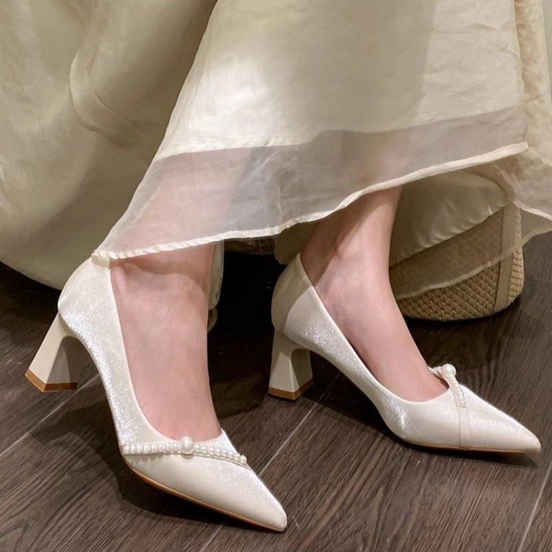 Men Formal Wear Shoes - エレガントなパール装飾のポインテッドトゥブロックヒール、優しいスタイルのコンフォートパンプス、女性用クラシックオフィスドレスシューズ