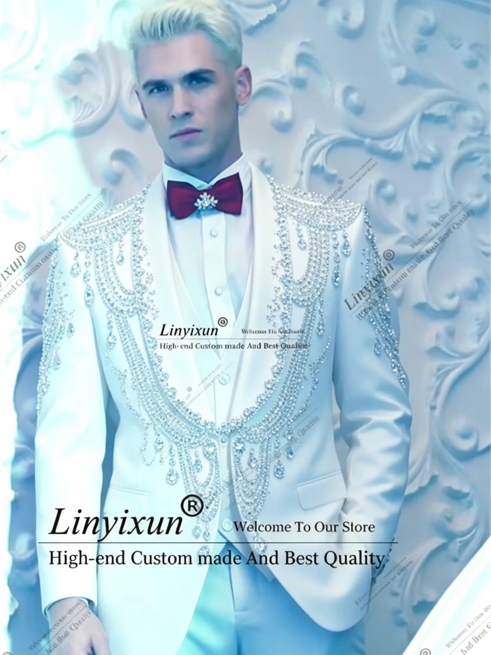 Men'S Formal Wear Jewelry - エレガントなクリスタルジュエリー付き特別なタキシードスーツ男性フォーマルパーティー高級新郎着用結婚式プロムメンズブレザー traje de hombre