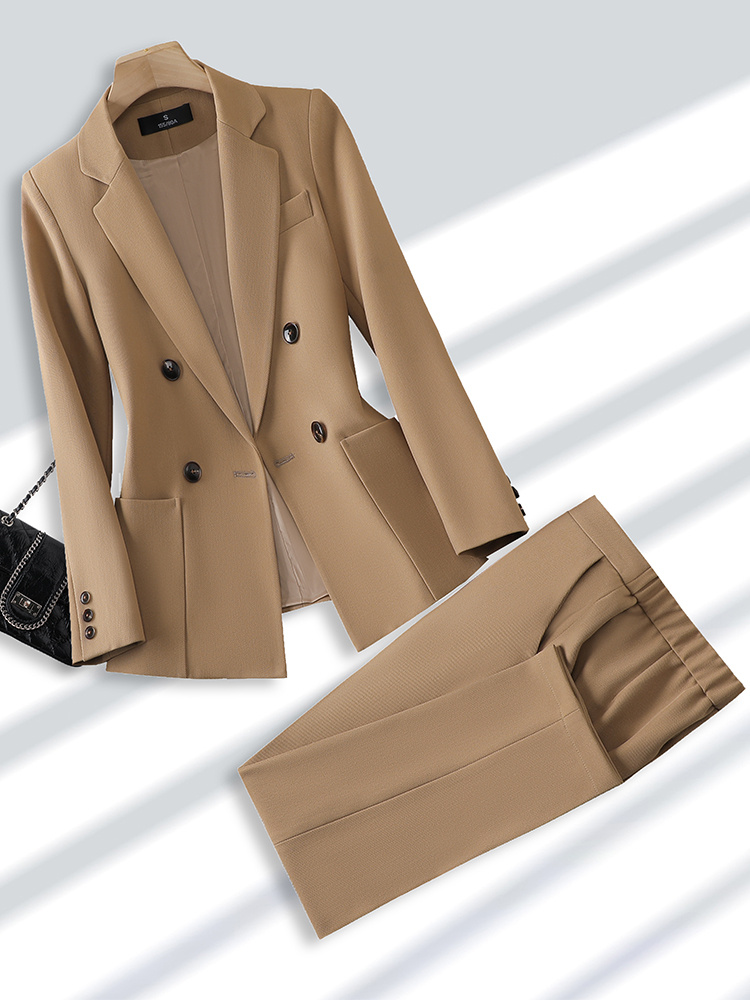 Men Formal Wear Fashion - 女性のためのブレザーとズボンのスーツ、オフィス、ビジネス、仕事のためのフォーマルなパンツスーツ、女性のファッション、ベージュ、黒、カーキ、ポケット付き2ピースセット