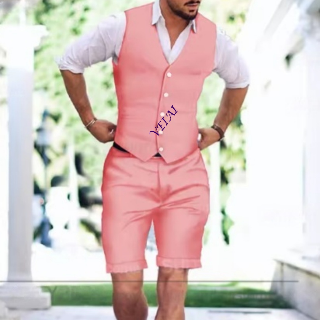 Men'S Holiday Formal Wear - カスタマイズされたクラシックなメンズスリムフィットツーピーススーツセット、無地ベストとショートパンツ、夏の休暇に最適なカジュアルウェア