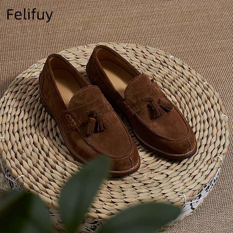 Men Formal Wear Shoes - 新しいブラウンメンズフラットローファー牛革スエードタッセルカジュアルフォーマルシューズ快適で通気性のあるパーティー結婚式ドレス春靴