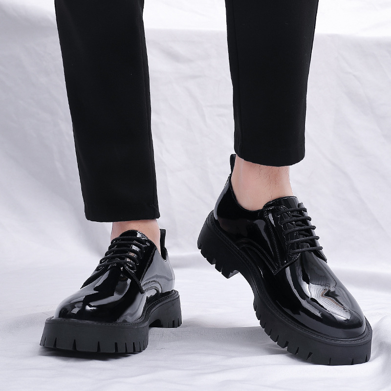 Men Formal Wear All Black - メンズブラックパテントレザーレースアップチャンキープラットフォームオックスフォードフォーマルビジネスオフィス新郎結婚式日常着靴シンプルなファッション