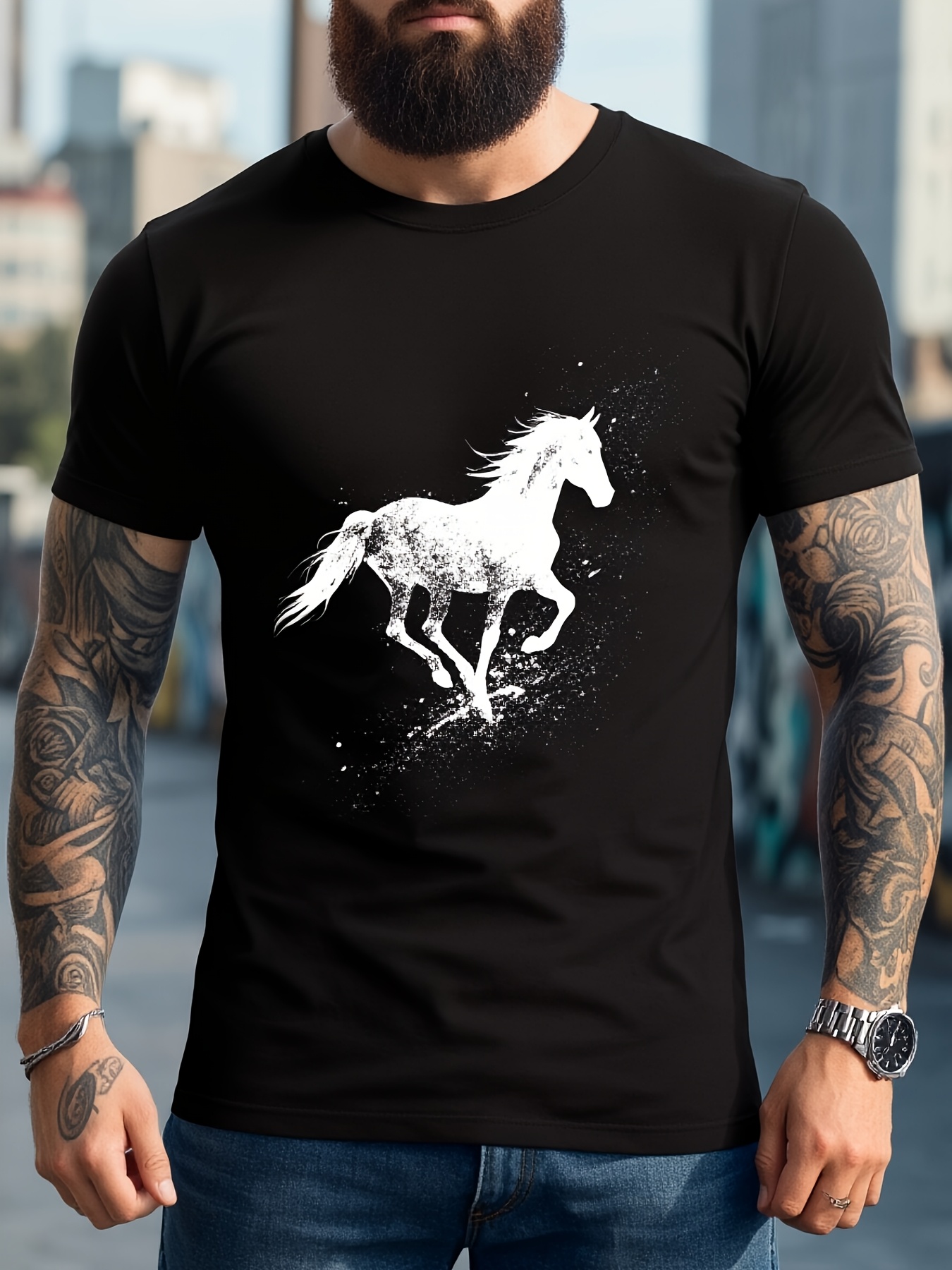 Tall Men Formal Wear - メンズダイナミックホースプリントTシャツ、通気性のあるレギュラーフィット、馬のグラフィックプリント入り半袖、カジュアルとフォーマルの両方に適しています、一年中快適、多用途、レトロカジュアルなラウンドネック半袖プリントTシャツ