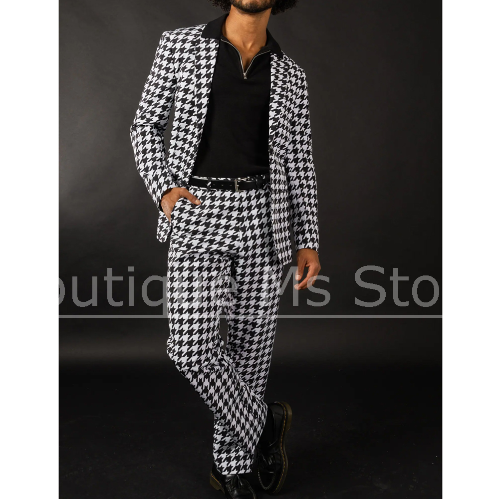 Men Formal Wear Fashion - 黒白千鳥格子柄メンズスーツ スリムフィットブレザーパンツセット ファッションパターン フォーマルパーティーウェア スタイリッシュカジュアルビジネススーツ