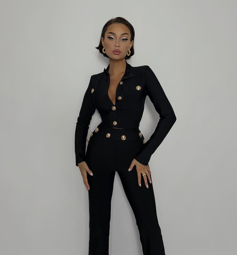 新しい秋スタイル黒色女性長袖ボタンレーヨン包帯コートパンツフ - Men Formal Wear All Black のレビューと価格