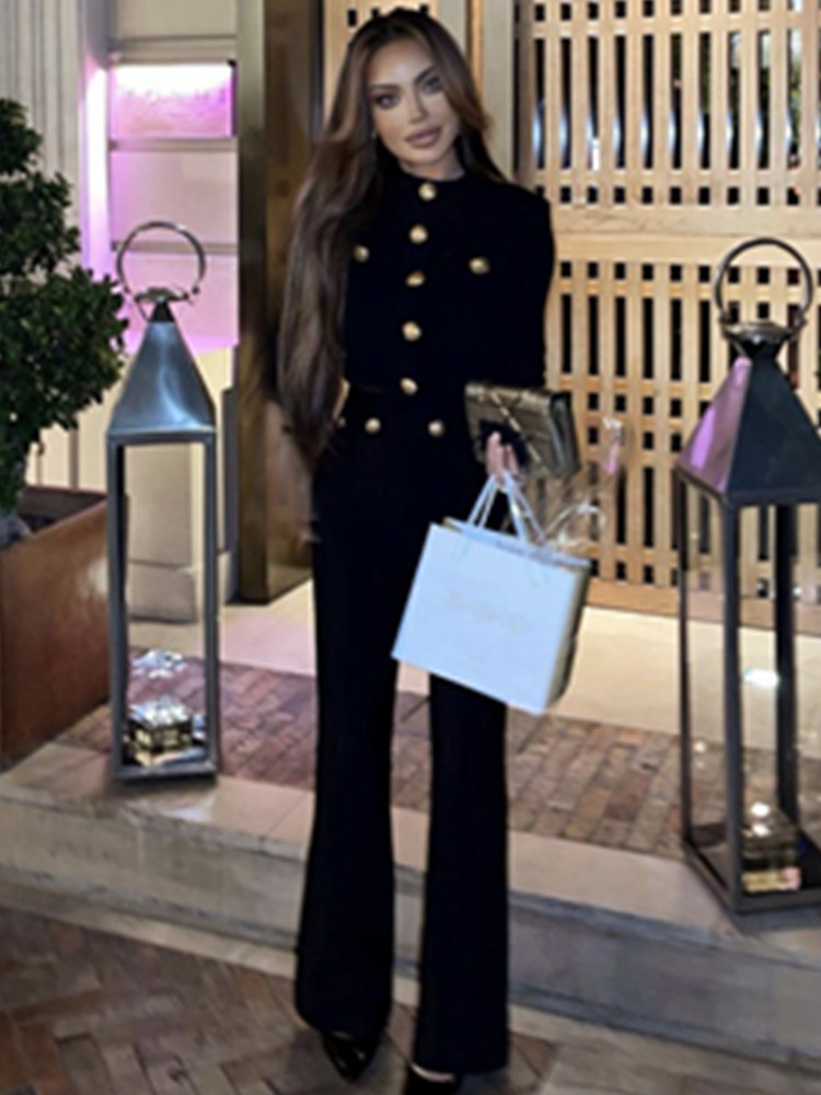 新しい秋スタイル黒色女性長袖ボタンレーヨン包帯コートパンツフ - Men Formal Wear All Black のレビューと価格