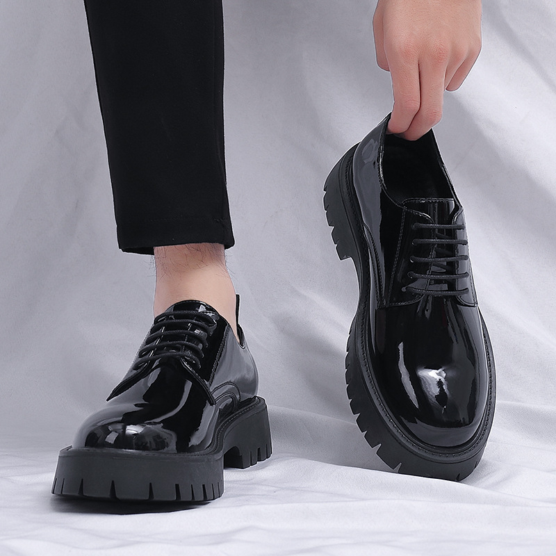 メンズブラックパテントレザーレースアップチャンキープラットフ - Men Formal Wear All Black のレビューと価格
