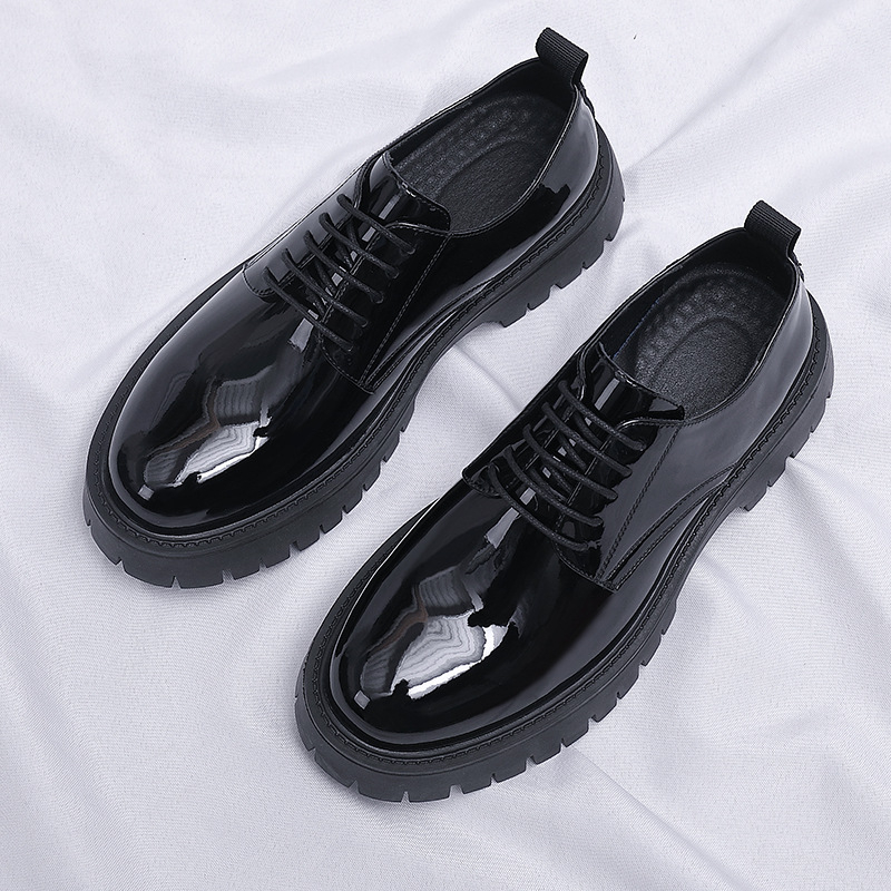 メンズブラックパテントレザーレースアップチャンキープラットフ - Men Formal Wear All Black のレビューと価格