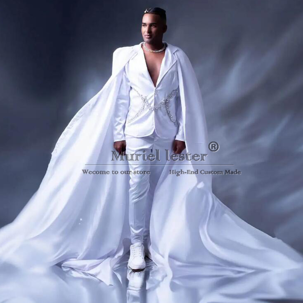 白い新郎は男性のための結婚式のスーツ、ケープ付きのビーズのウ - Men'S Formal Wear Jewelry のレビューと価格
