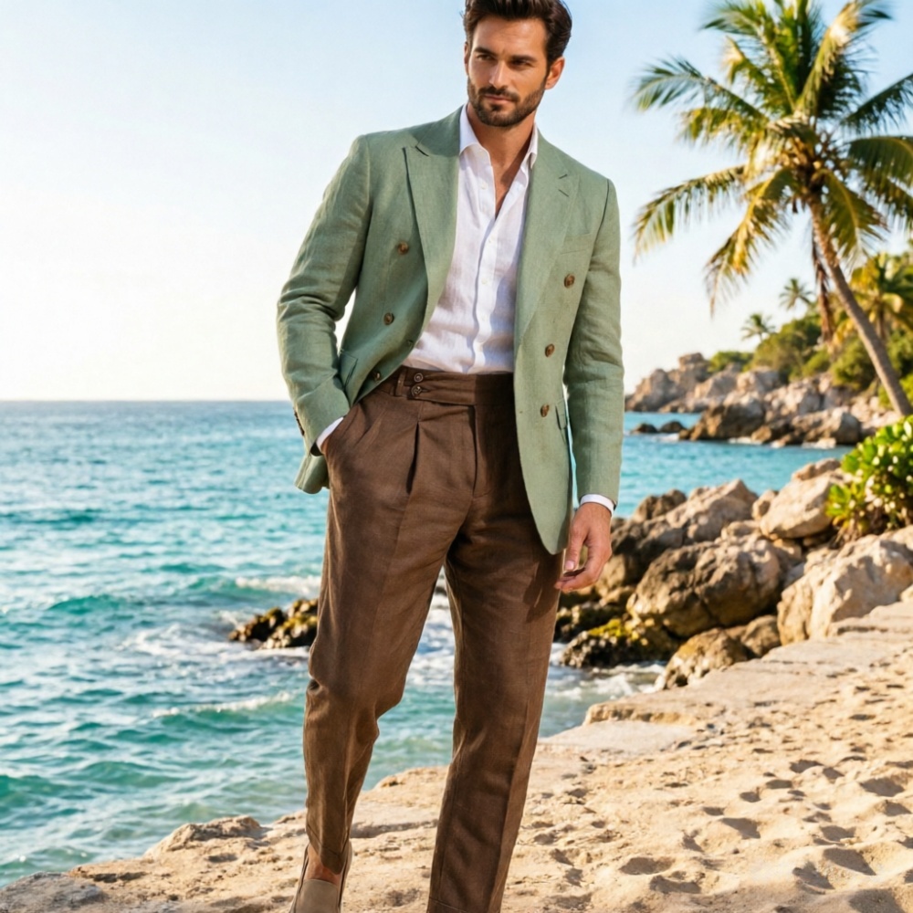 2ピースベージュリネンメンズダブルブレストスーツ エレガント - Men'S Holiday Formal Wear のレビューと価格