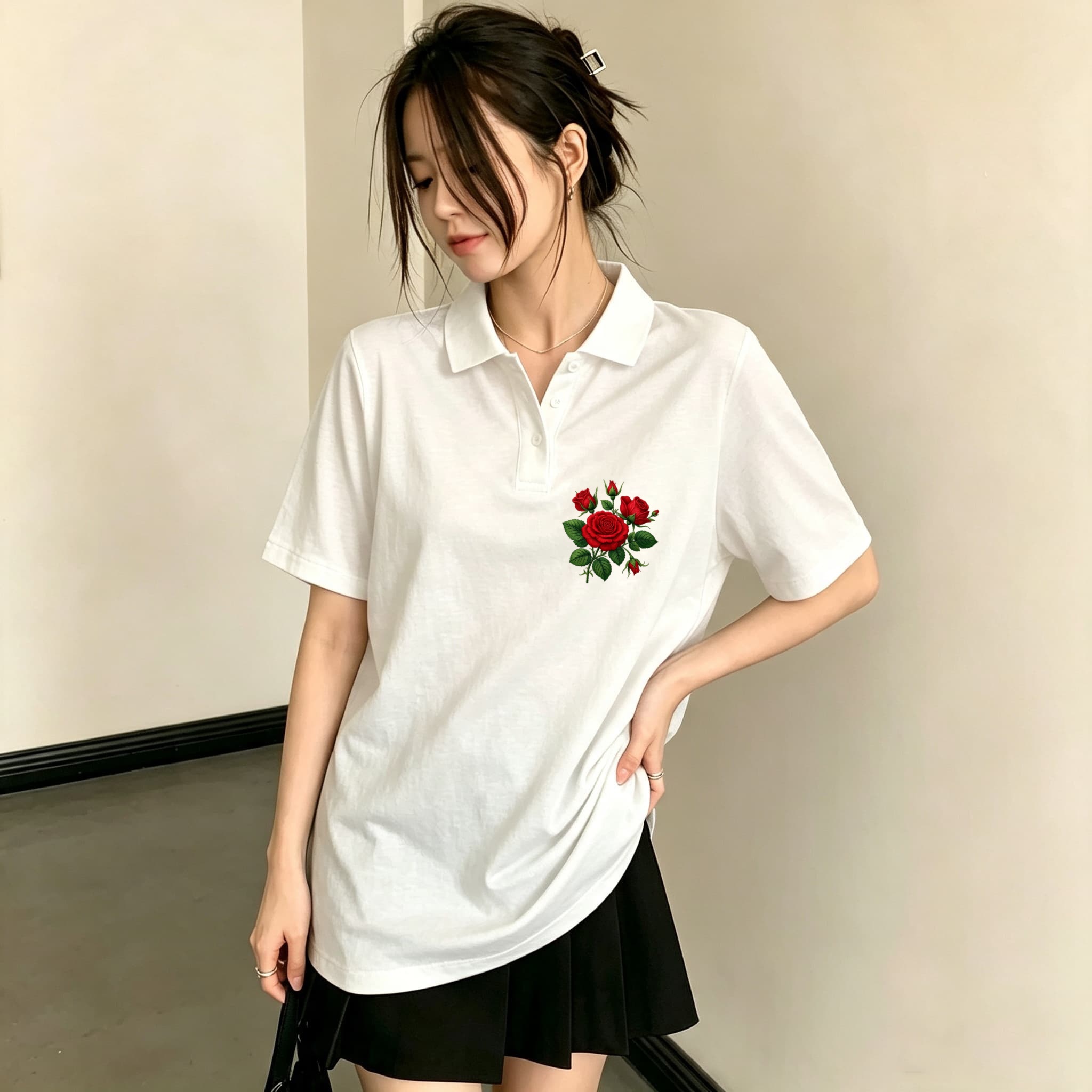 万能カジュアルブラックポロブラウス（女の子用）繊細な赤い花柄 - Men Formal Wear All Black のレビューと価格