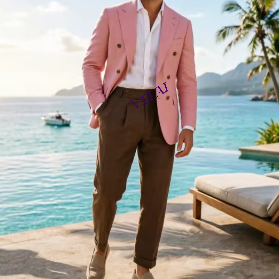 カスタムメイド2ピースベージュリネンメンズダブルスーツ エレ - Men'S Holiday Formal Wear のレビューと価格