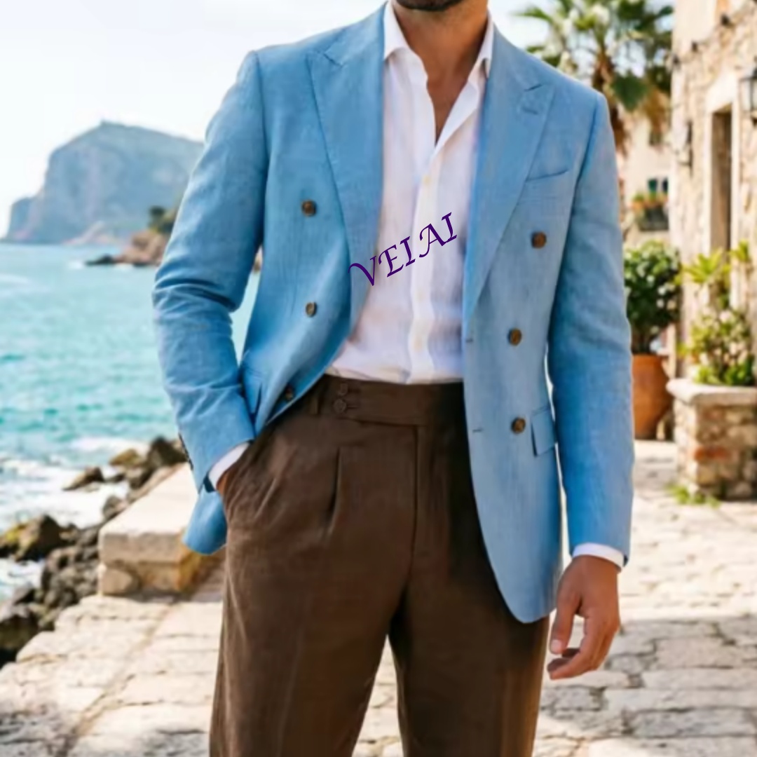 カスタムメイド2ピースベージュリネンメンズダブルスーツ エレ - Men'S Holiday Formal Wear のレビューと価格
